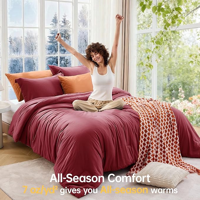 MUXHOMO King Size Comforter Set, All Season Ultra Soft Down Alternative Bedding - 3 Piece Lightweight Bed Set Includes 1 Comforter (104"x90") and 2 Pillow Shams (20"x36"), Burgundy Red