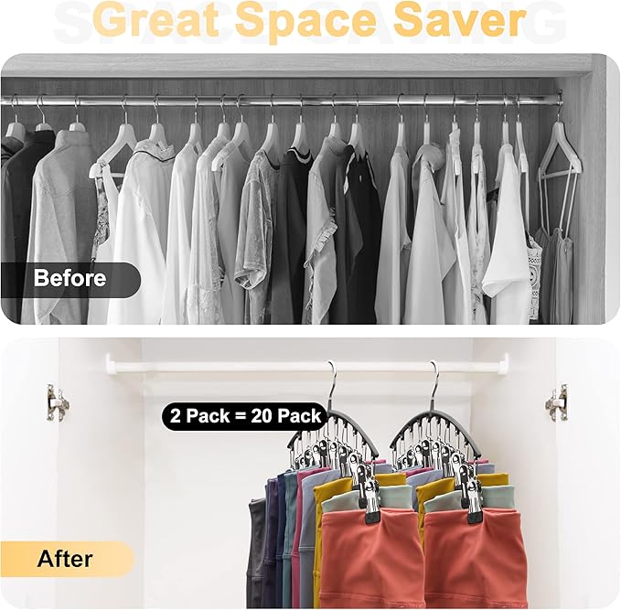 Volnamal Legging Organizer for Closet, 2 Pack Metal Yoga Pants Hangers w/10 Clips Holds 20 Leggings, Space Saving Hanging Closet Organizer w/Rubber Coated Closet Organizers and Storage, Black