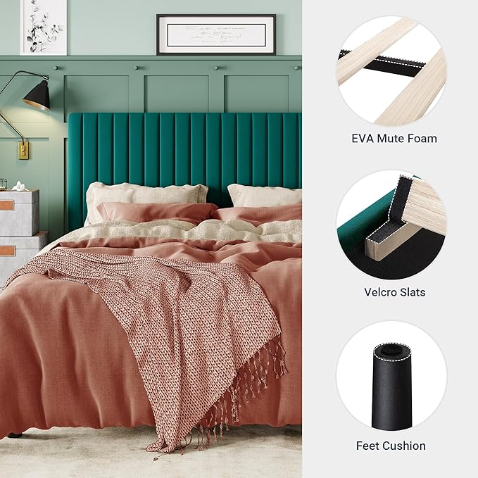 Allewie King Bed Frame, Velvet Upholstered Platform Bed with Adjustable Vertical Channel Tufted Headboard, Mattress Foundation with Strong Wooden Slats, Box Spring Optional, Easy Assembly, Teal