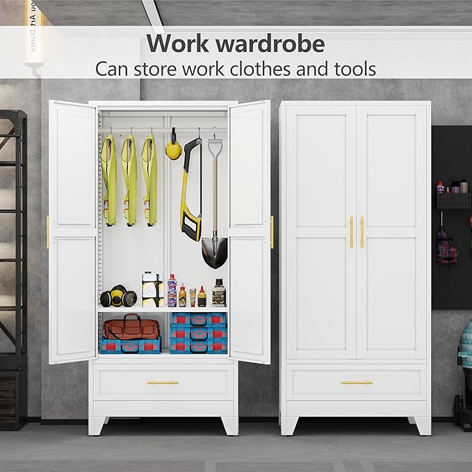Metal Armoire Wardrobe Closet with Hanging Rod, Clothing Storage Cabinet with Adjustable Shelf and Drawer for Laundry Room, Bedroom, Home Office, Bathroom, 71" White Large Capacit