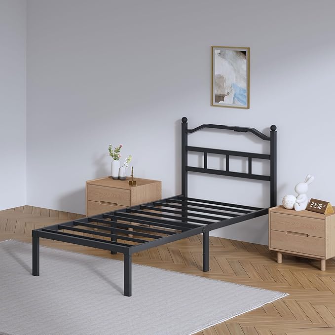SHOANED Twin Size Bed Frame - 14 Inch Metal Heavy Duty Bedframe with Charging Station Black Basic Steel Slats Platform with Headboard No Box Spring Needed/Easy Assembly