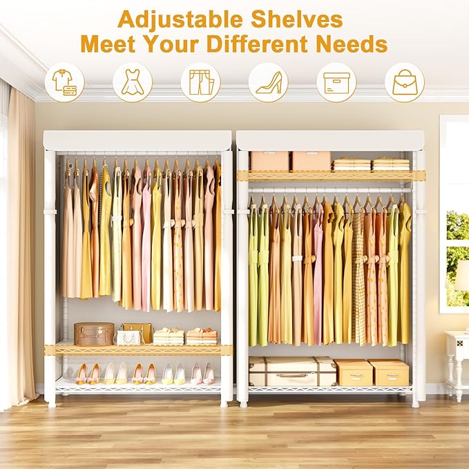 ULIFHOME H5C Plus Clothes Rack with Cover, Portable Closet for Hanging Clothes, Covered Clothing Racks Heavy Duty, Garment Racks with Shelves, Max Load 370LBS, White Closet Rack with White Cover