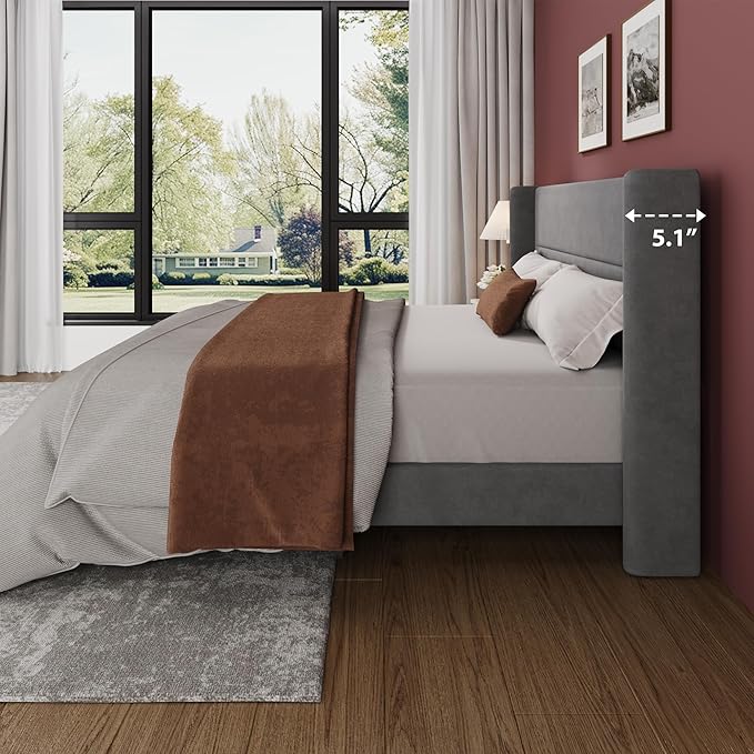 Garvee King Size Bed Frame with Wingback Headboard, Velvet Upholstered Platform Bedframe with Wood Slats, No Box Spring Needed, Easy Assembly, Grey