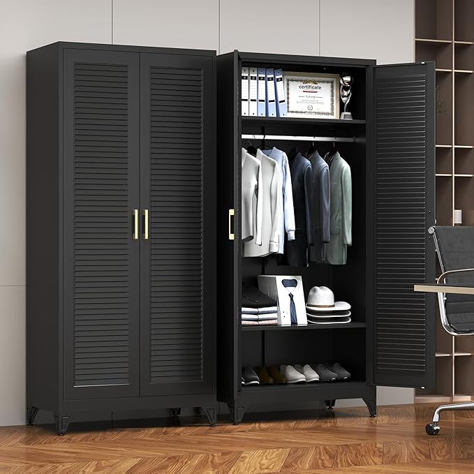 SteeLoong 71" Metal Wardrobe Cabinet with Hanging Rod, Armoire Wardrobe Closet with Doors and Adjustable Shelves, Black Clothing Storage Cabinets for Bedroom Office,School,Hospital