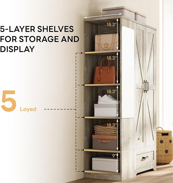 LIKIMIO Armoire Wardrobe Closet 70 Inches, Large Storage with Mirror, 2 Doors, Drawer, and Shelves, Modern Bedroom Freestanding Wooden Wardrobe Combination with Hanging Rail, Rustic Maple