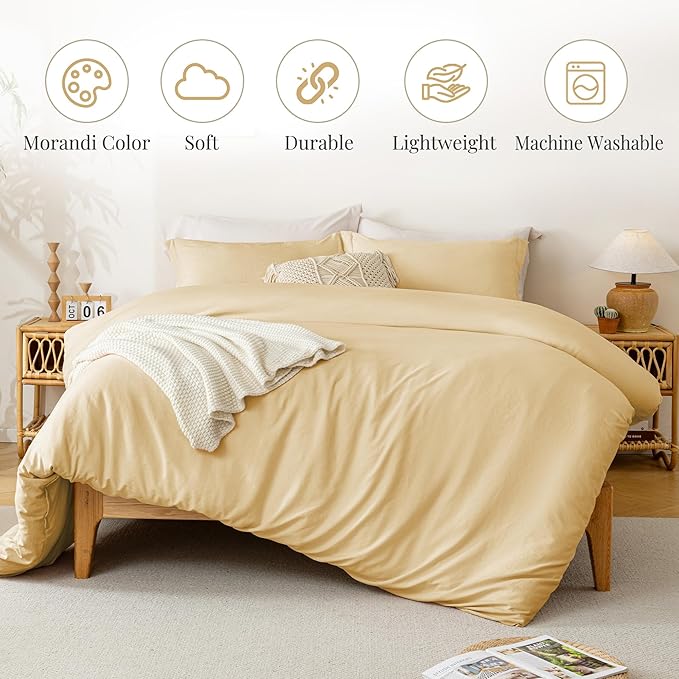 MILDLY Super Soft Duvet Cover - 100% Washed Microfiber Butter Yellow Comforter Cover Set 3 Pieces with Zipper Closure & Corner Ties