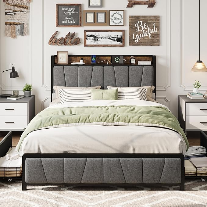 GAOMON Full Size Bed Frame with Storage Headboard and 2 Drawers, Linen Upholstered Platform Bed Frame with Charging Station, Heavy Duty, No Box Spring Needed, Easy Assembly, Noise Free, Grey&Brown