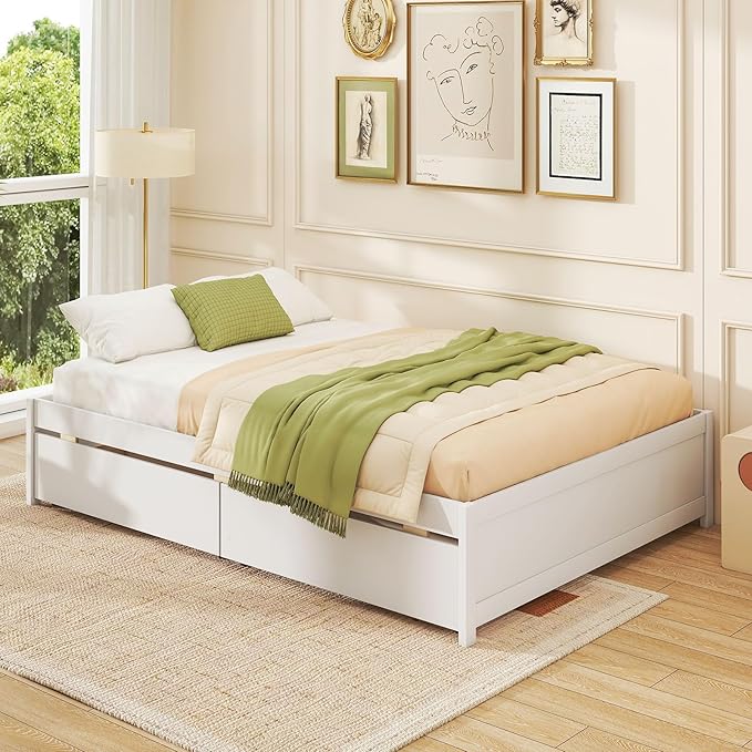 Giantex Full Size Bed Frame with 2 Storage Drawers, Solid Wood Platform Bed with Slats Support, Heavy Duty Daybed with Storage, No Box Spring Needed, Full Bed Frames for Teens Adults, White