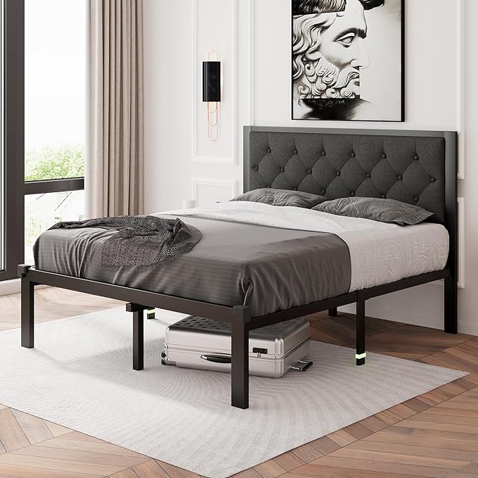 Feonase Full Size Metal Bed Frame, Heavy-Duty Platform Bed Frame with Linen Upholstered Headboard, 12" Storage Space, Steel Slats Support, No Box Spring Needed, Gray