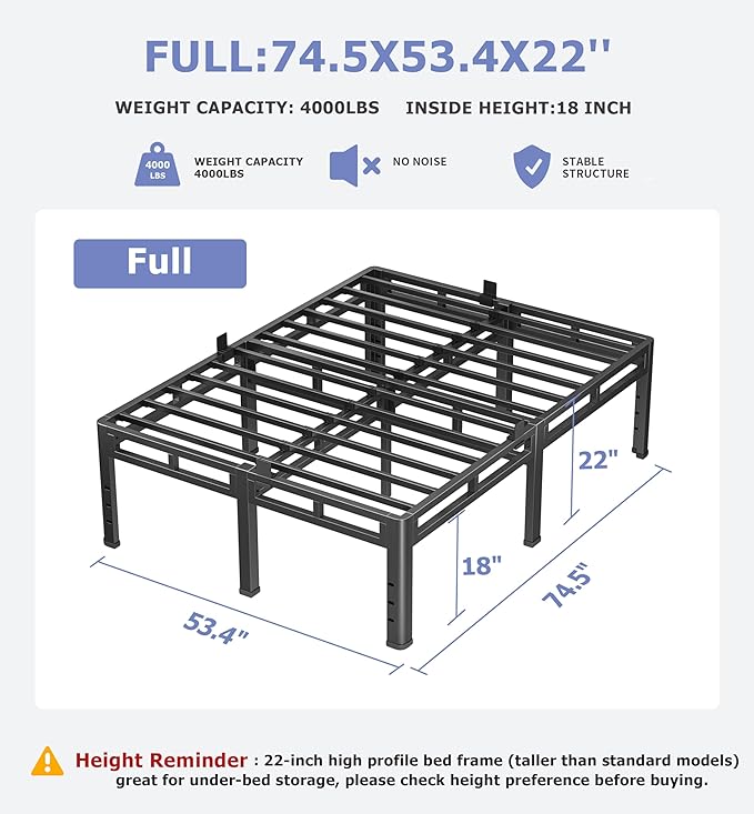 NKZ 22 Inch Full Size Bed Frame, Metal Bed Frame & Box Spring 2 in 1 Platform with Round Corner Legs, 4000Lbs Heavy Duty Metal Frame, Mattress Slide Stopper, Headboard Hole, Noise-Free, Easy Assembly