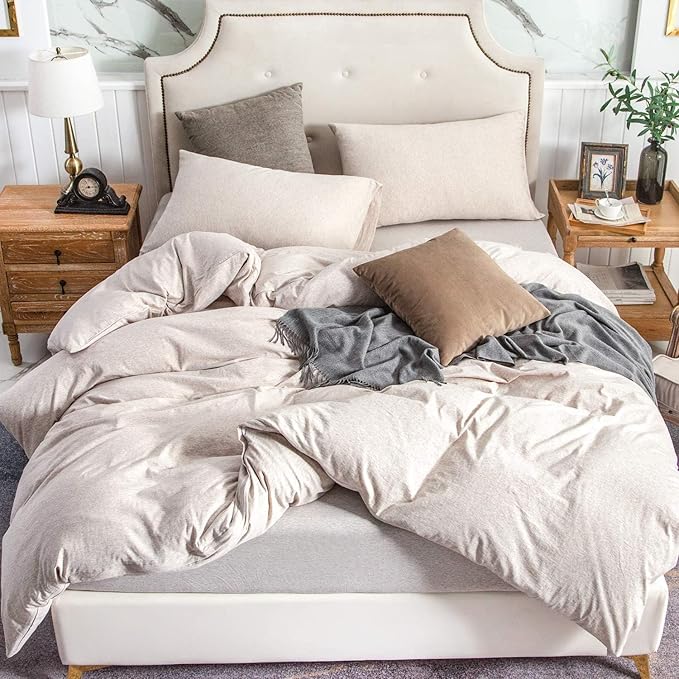 PURE ERA Jersey Knit Duvet Cover Set 100% T-Shirt Cotton Super Soft Comfy 3pc Bedding Set with Zipper Closure (Heather Beige, Oversized Queen)