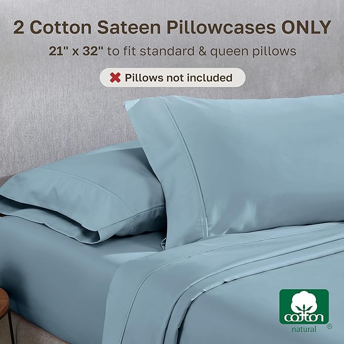 California Design Den Standard Queen Size Pillowcase Set - 400 Thread Count, 100% Cotton Sateen, Set of 2 Pillow Covers, Soft and Breathable - Sky Blue