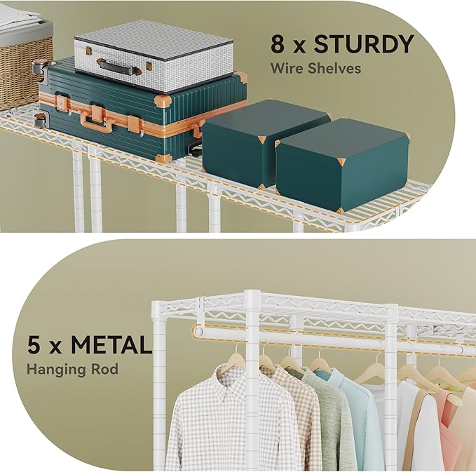 Higeego H5 Extra Large Heavy Duty Clothes Rack, Wire Garment Rack, Freestanding Clothing Rack for Hanging Clothes, Wardrobe Closet with Adjustable Shelf, 93.3" Wx15.7 Dx75.4 H, White, Load 1400 lbs