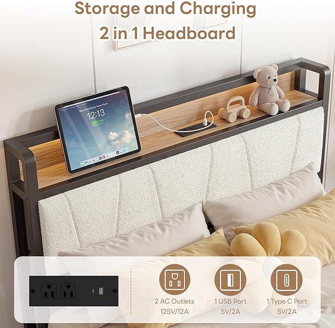LIKIMIO Twin XL Bed Frame, DIY Storage Drawer Layout, Charging Station & LED Lights, Boucle Upholstered Platform XL Twin Bed Frame for Teen Rooms, Small Apartments & Bedrooms, Wood and Cream