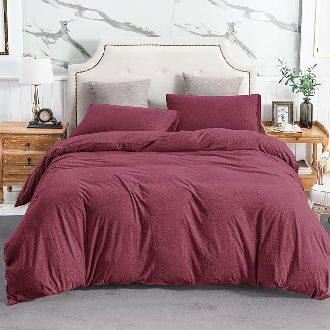 PURE ERA Jersey Knit Duvet Cover Set 100% T-Shirt Cotton Super Soft Comfy 3pc Bedding Set with Zipper Closure (Heather Burgundy Red, King)