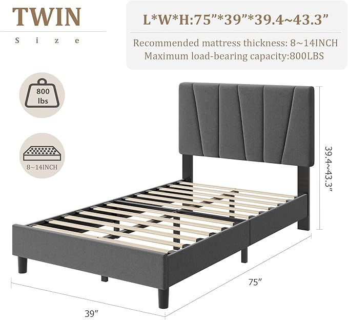 Twin Size Platform Bed Frame for Kids, Linen Upholstered Headboard & Wooden Slats Support, Noise-Free Mattress Foundation/No Box Spring Needed/Easy Assembly, Boys Girls Bed,Bedroom Furniture