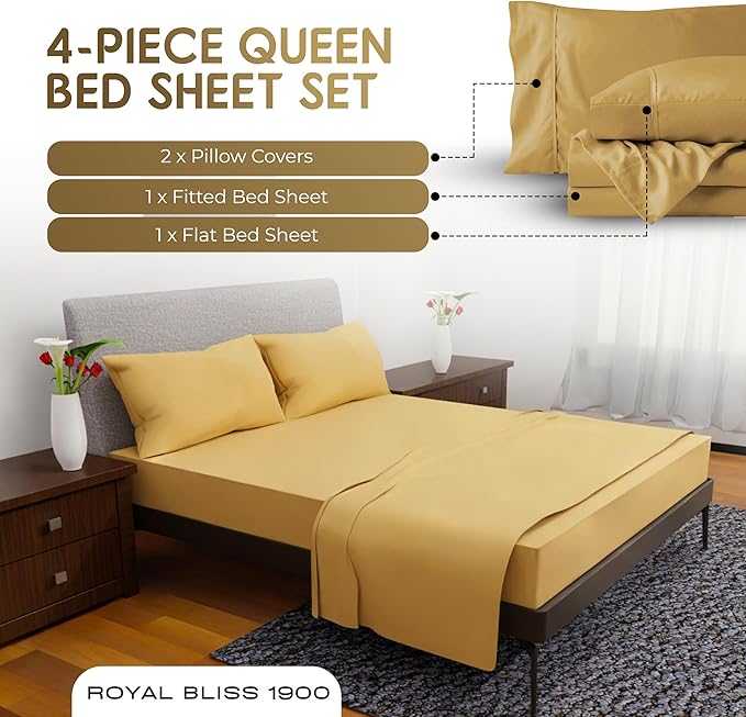 Queen Sheet Set - 4 Piece Bedding - Double Brushed, Cooling Queen Sheets, Deep Pocket Sheet Set - Gold