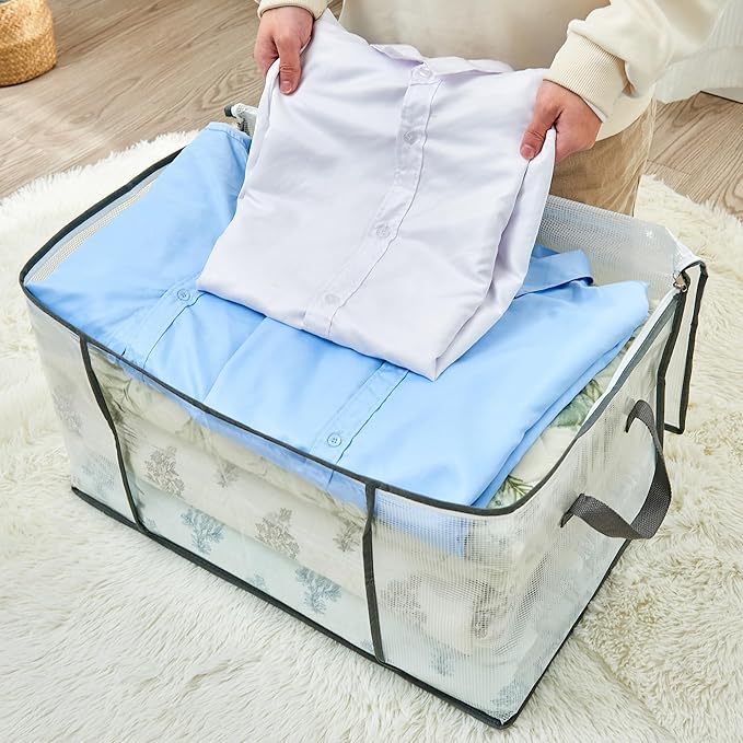 MKOKYD 80L Clear Large Storage Bag, Clothes Storage Containers for Organizing Closet, Bedroom, Underbed, Comforters, Clothing, Blankets, Pillow, Foldable Organizer with Sturdy Handle and Zippers (4)