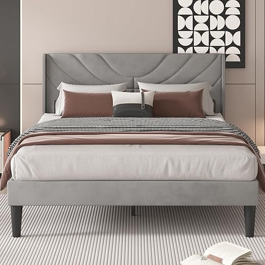 VECELO Upholstered Platform Full Bed Frame with Fabric Headboard,Wooden Slats Support/No Box Spring Needed/Mattress Foundation,Dark Grey