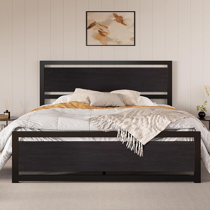 SHA CERLIN King Size Bed Frame with Modern Headboard, Heavy Duty Platform Metal Base with Footboard and 13 Slats Support, No Box Spring Needed, Black
