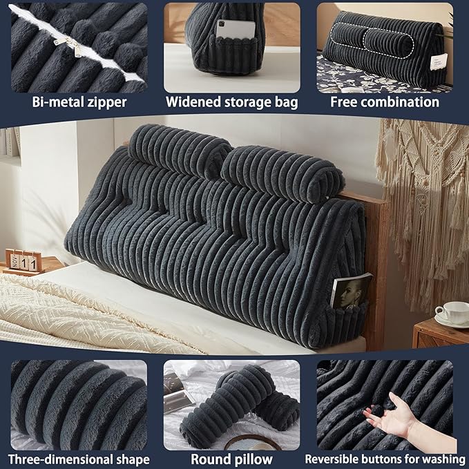 Rycwola Faux Fur Headboard Pillow with 2 Pack Neck Roll Pillow Large Headboard Pillow Soft and Supportive with Removable Cover (Grey, Queen)