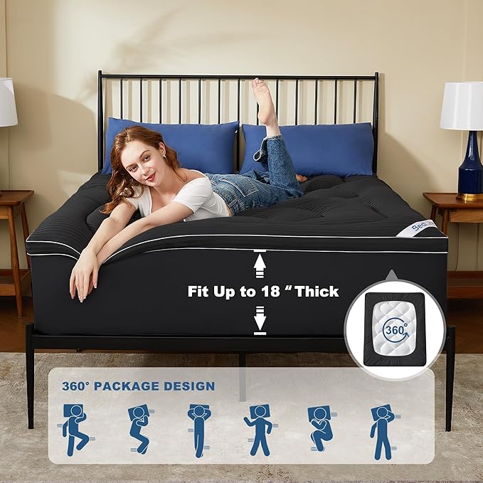 BEDLORE Queen Mattress Topper, Thick Pillow Top Pad for Back Pain Relief, Soft Mattress Cover with Deep Pockets 6-18 inch(Black)