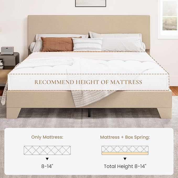 SHA CERLIN Upholstered Full Size Bed Frame with Adjustable Headboard, Stable Mattress Foundation, Strong Back-Support, No Box Spring Needed, Beige