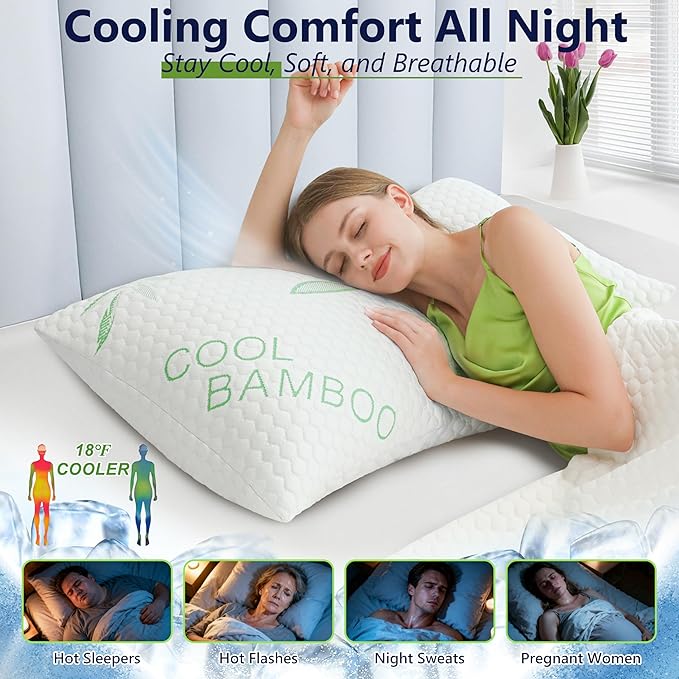 Cooling Pillows, Shredded Memory Foam Pillows King Size Set of 2 Adjustable Firm Bamboo Bed Pillows for Hot, Side, Back and Stomach Sleepers