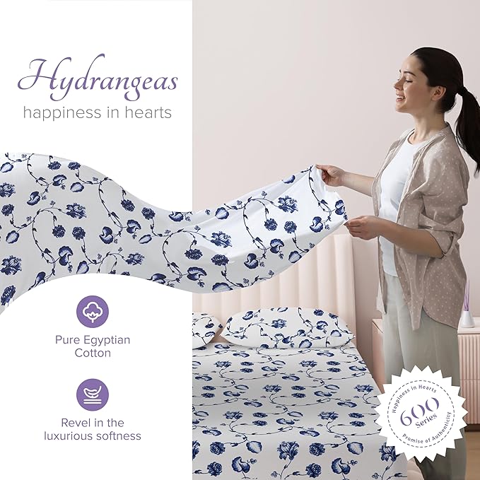 Carressa Linen 100% Egyptian Cotton Full Size Sheets - 600 Series Hydrangeas Printed Full Size Egyptian Cotton Sheets (4 PC, Floral Blue), 16" Deep Pocket Sateen Weave Luxury Hotel Bed Sheet Set