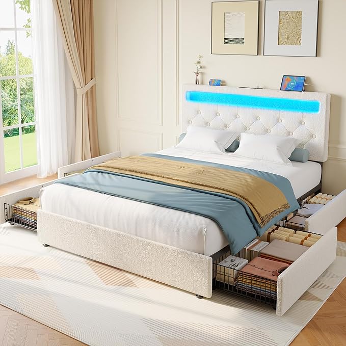 Rolanstar Queen Bed Frame with 4 Drawers and Charging Station,Twin Bed with Led Lights, Adjustable Upholstered Headboard 38.9/40.8 Inches, Sturdy, No Box Spring Needed, Natural White