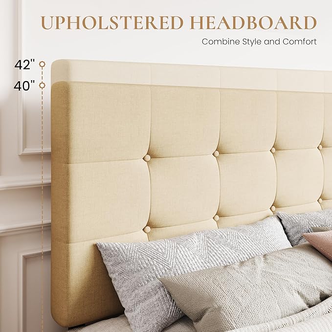 SHA CERLIN Upholstered Queen Size Platform Bed Frame with 4 Storage Drawers, Adjustable Headboard with Square Stitched Button Tufted Design, Wooden Slat Support, No Box Spring Needed, Beige