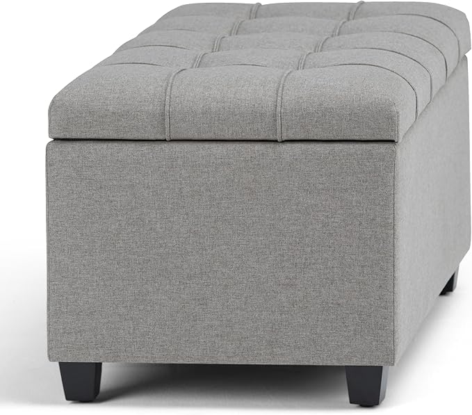 SIMPLIHOME Sienna Storage Ottoman Bench - 33 inch Wide Upholstered Linen Look Fabric Rectangle Storage Ottoman Bench in Fawn Brown, Transitional Tufted Ottoman for Living Room with Lift Top