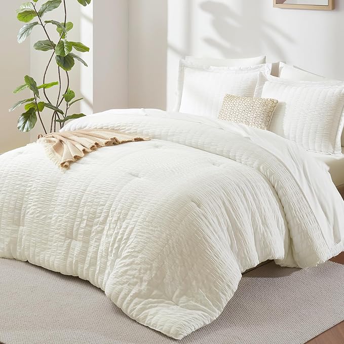 CozyLux Queen Comforter Set Ivory Seersucker 7 Pieces Bed in a Bag Queen Comforter Set with Sheets, Luxury Soft Bedding Sets with Down Alternative Comforter, Sheets, Pillowcases & Shams for All Season