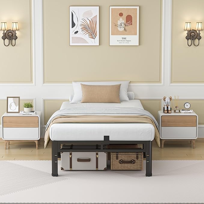 NKZ 12 Inch Twin Size Bed Frame, Metal Bed Frame & Box Spring 2 in 1 Platform with Round Corner Legs, 4000Lbs Heavy Duty Metal Frame, Mattress Slide Stopper, Headboard Hole, Noise-Free, Easy Assembly