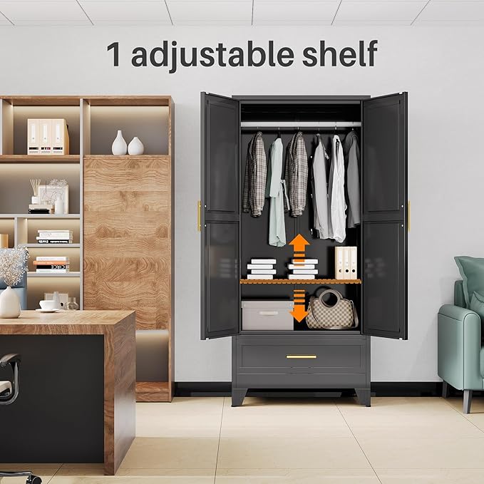 Metal Armoire Wardrobe Closet with Hanging Rod, Clothing Storage Cabinet with Adjustable Shelf and Drawer for Laundry Room, Bedroom, Home Office, Bathroom, 71" Black Large Capacit