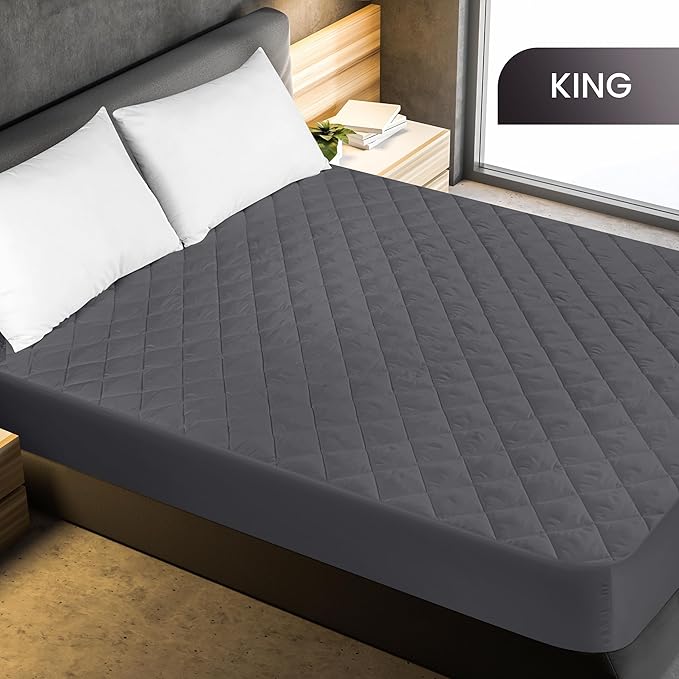 Utopia Bedding Quilted Fitted Mattress Pad, King Size, Elastic Fitted Mattress Topper Protector and Cover with Deep Pocket Stretches up to 16 Inches, Machine Washable (Grey)