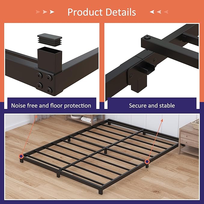 Nailsong 3 Inch Bed Frame Queen Size Low Profile, Queen Bed Frame No Box Spring Needed, Heavy Duty Metal, Easy Assembly, Black