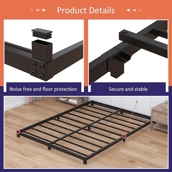 Nailsong 3 Inch Bed Frame Full Low Profile, Full Size Metal Bed Frame No Box Spring Needed, Heavy Duty Metal, Easy Assembly, Black