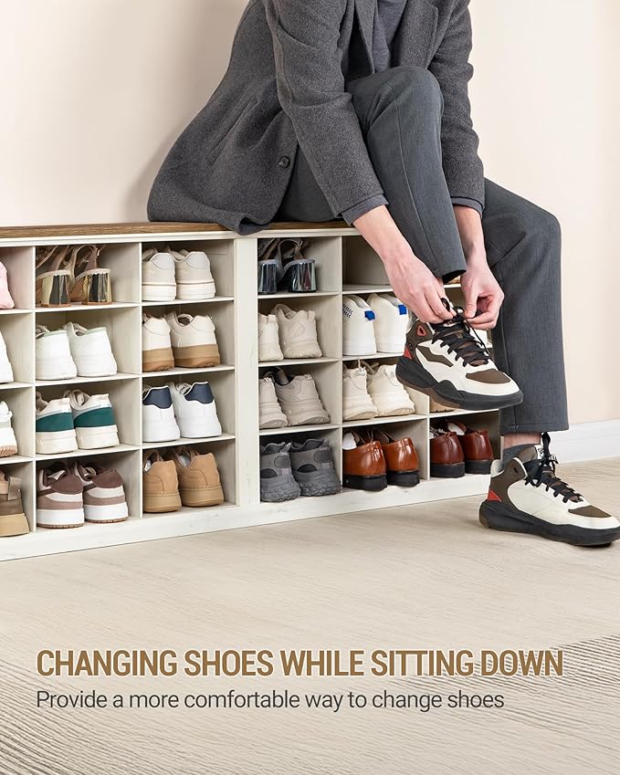 Hzuaneri Farmhouse Shoe Storage Bench, Entryway Shoe Cubby Bench, Widened Wooden Shoes Cubbies with Compartments, Shoes Rack Benchs for Cloakroom, Entryway, Antique White SB52514B