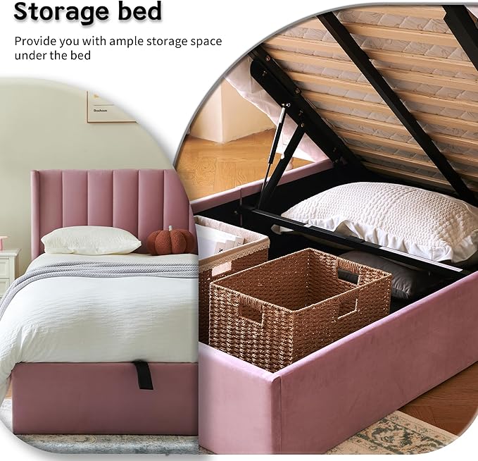 YUHUASHI Queen Size Hydraulic Storage Bed, Upholstered Platform Bed Frame, Modern Wingback Design Headboard, Velvet Fabric with Hydraulic Support Bars, No Box Spring Required (Pink, Twin)