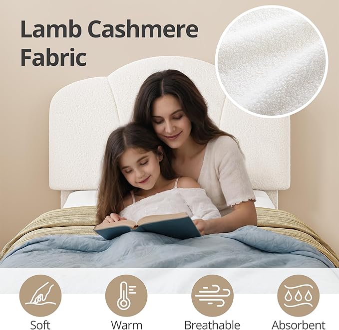 LIKIMIO Twin Size Bed Frame, Upholstered Twin Platform Bed with Headboard Lamb Velvet Twin Beds, No Box Spring Needed with 800LBS Sturdy Wooden Slats Support, Noise Free, Easy Assembly, White
