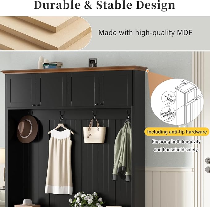 Merax Wood Rustic 59''W Hall Tree Entryway Bench with 4 Hooks and Cabinets, Farmhouse Mudroom Versatile Coat Racks with Shoe Storage Bench, Entrance Organizer for Hallway, Living Room Black