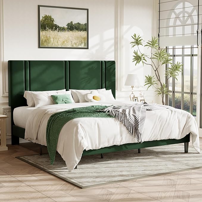 Allewie King Size Platform Bed Frame with Adjustable Headboard, Plush Velvet Upholstered, Vertical Channel Tufted, Sturdy Wooden Slats, No Box Spring Needed, Easy Assembly, Green