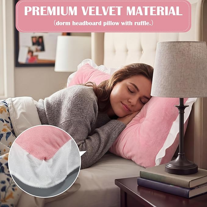 Leinuosen 39 in Ruffle Wedge Headboard Pillow for Dorm Twin XL College Bed Reading Bolster Dorm Velvet Triangular Bed Backrest Wedge Pillow Cushion for College Reading Support(Pink)