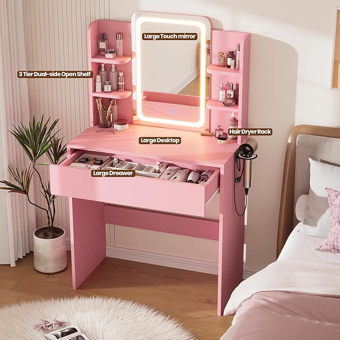 Vanity Desk with Mirror and Lights, Small Makeup Vanity Desk with Storage Drawer,3 Lighting Moders & Adjustable Brightness,Compact Dressing Table with 3-Tier Open Shelf for Girls Women Bedroom(Pink)