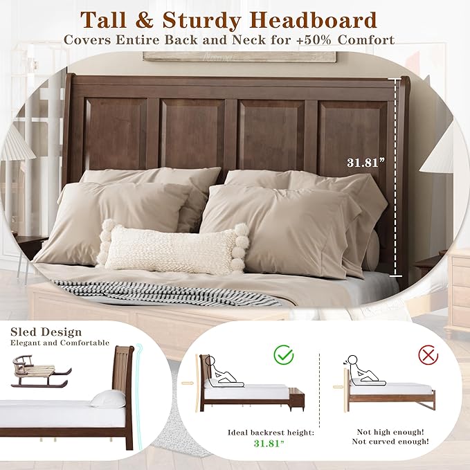 KEIKI Queen Size Bed Frame with Storage Bench, Solid Wood Sleigh Bed with High Headboard and 64" Storage Chest, Rubberwood Platform Bed, No Box Spring Required, Walnut Brown