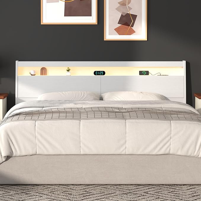Wooden Headboard Only with Storage, Skirting Groove for Enhanced Stability, Built-in Power Outlet, 2 USB Ports & LED Light - Solid Wood Leg Sturdy Stable Bed Backboard (White, King (U.S. Standard))