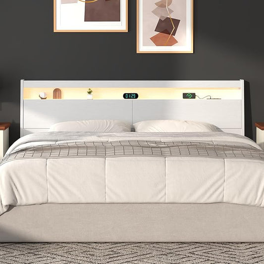 Wooden Headboard Only with Storage, Skirting Groove for Enhanced Stability, Built-in Power Outlet, 2 USB Ports & LED Light - Solid Wood Leg Sturdy Stable Bed Backboard (White, King (U.S. Standard))