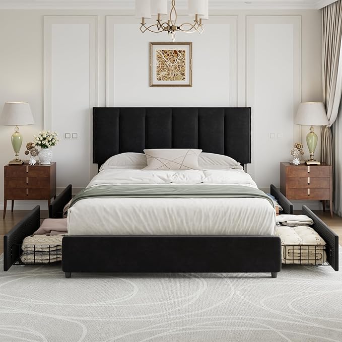 VECELO Full Size Bed Frame with 4 Storage Drawers, Adjustable Height Headboard, Heavy-Duty Platform Bedframe with Strong Wooden Slats, No Box Spring Needed, Black