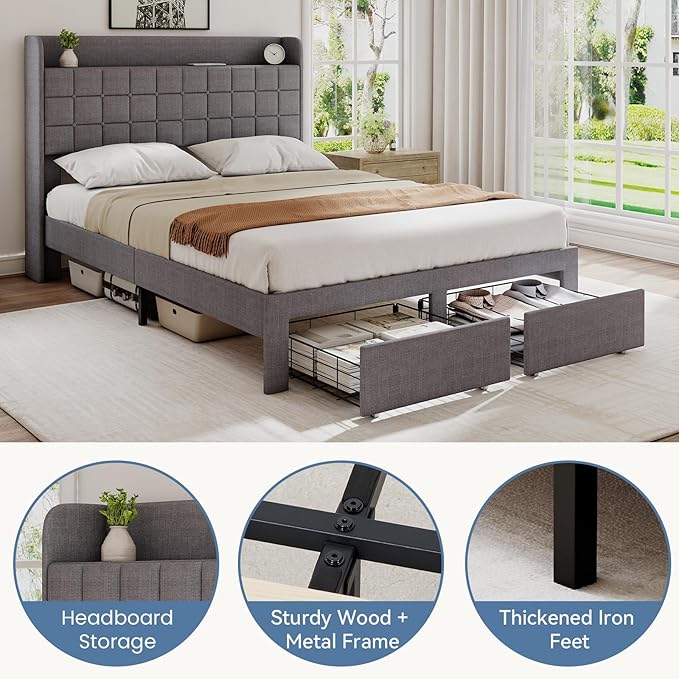 DUMOS Full Size Upholstered Platform Bed Frame, Full Bed with Storage Drawers and Fabric Headboard, Wooden Slats Support, 882 lbs Weight Capacity, No Box Spring Needed, Easy Assembly, Gray